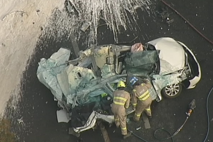 Car crushed after a tanker crashes on the Calder Freeway