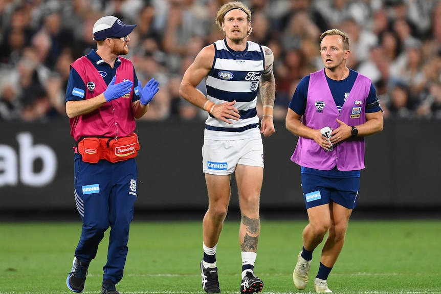 Tom Stewart sale corriendo del campo, flanqueado por entrenadores de Geelong