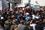 The torch relay under tigh security in San Francisco yesterday.