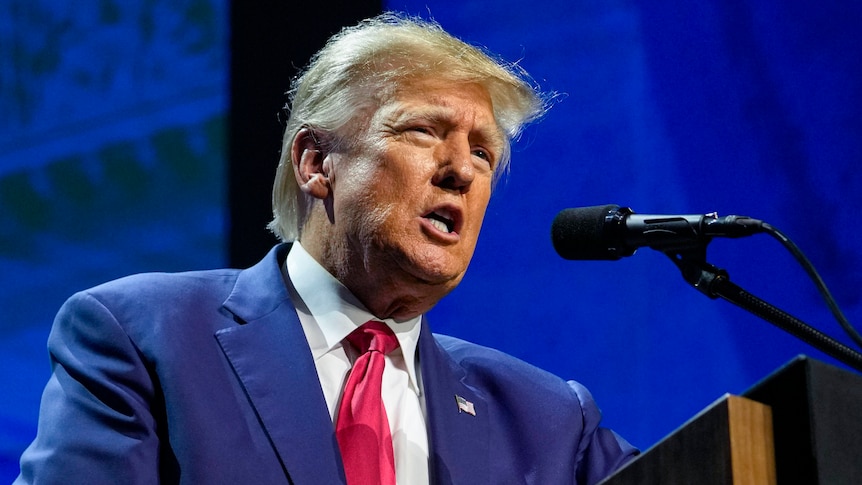 Donald Trump wears a blue suit and red tie as he speaks into a microphone at a convention.