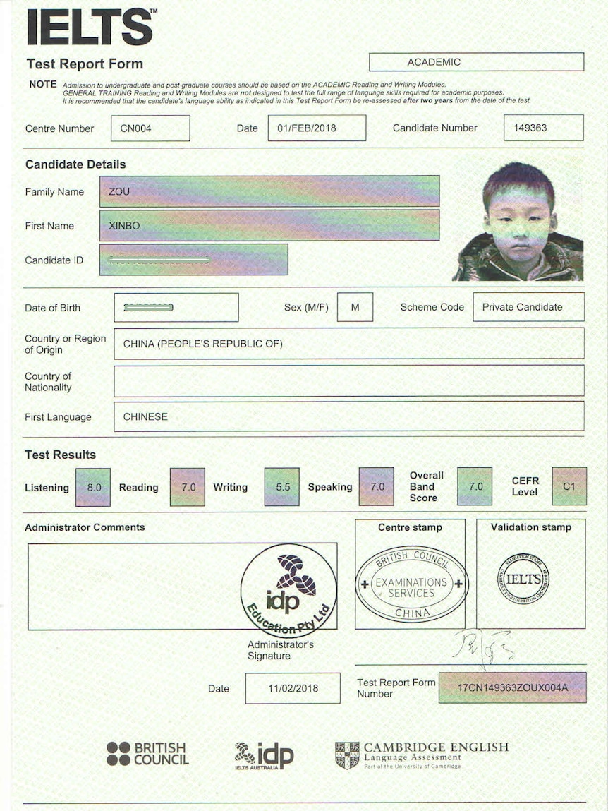 Bobby's 2018 IELTS results show his overall score of 7