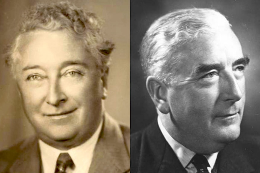 Mr Lyons is on the left, shown in sepia and smiling. Mr Menzies is on the right, shown in black and white. Both wear suits.