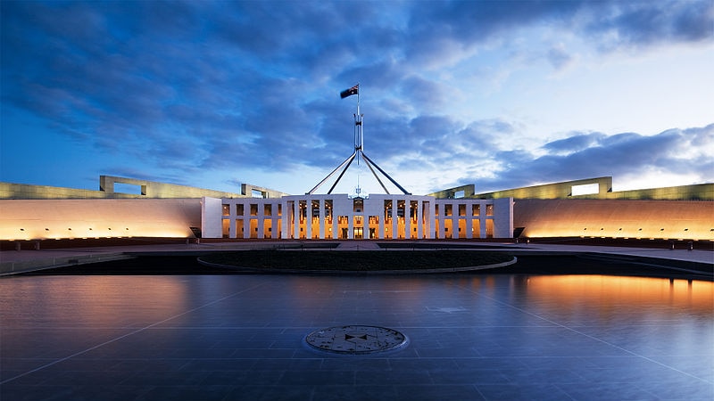 Evening sky over a white building, parliament house, in Canberra