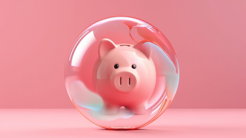 One piggy bank inside a glass ball on pink background. 3D illustration.