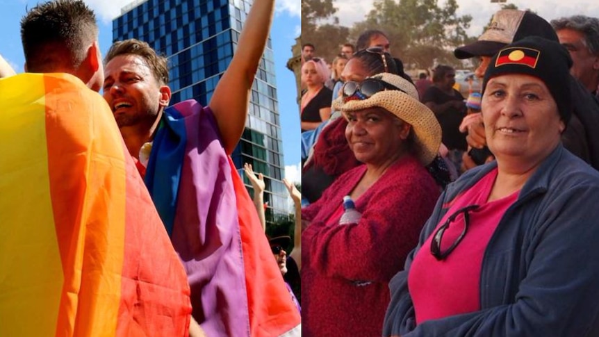 Two men celebrating the same-sex marriage postal survey result (left) and delegates at the Uluru Convention (right).