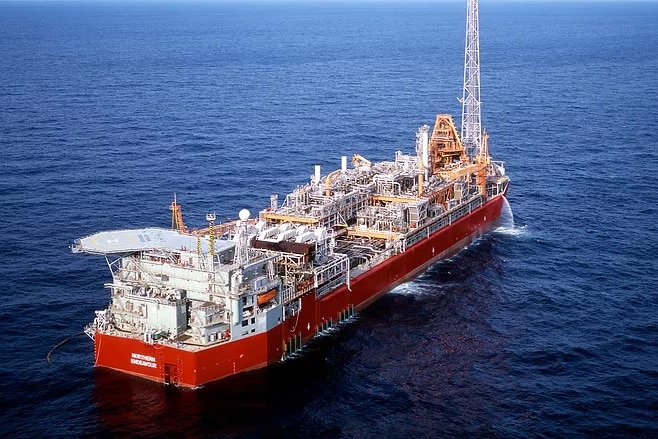 An aerial view of an oil platform.