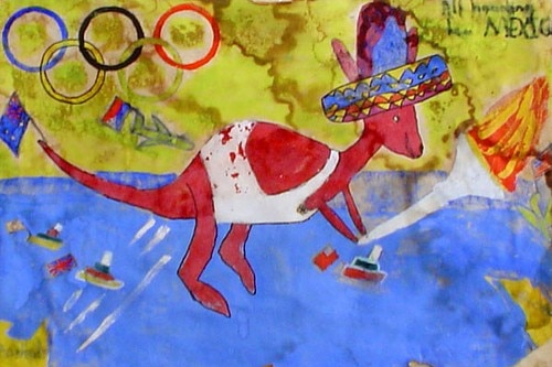 Photo of a kangaroo drawn by Andrew Rafty, aged 11 in 1968, to celebrate the Olympics in Mexico City