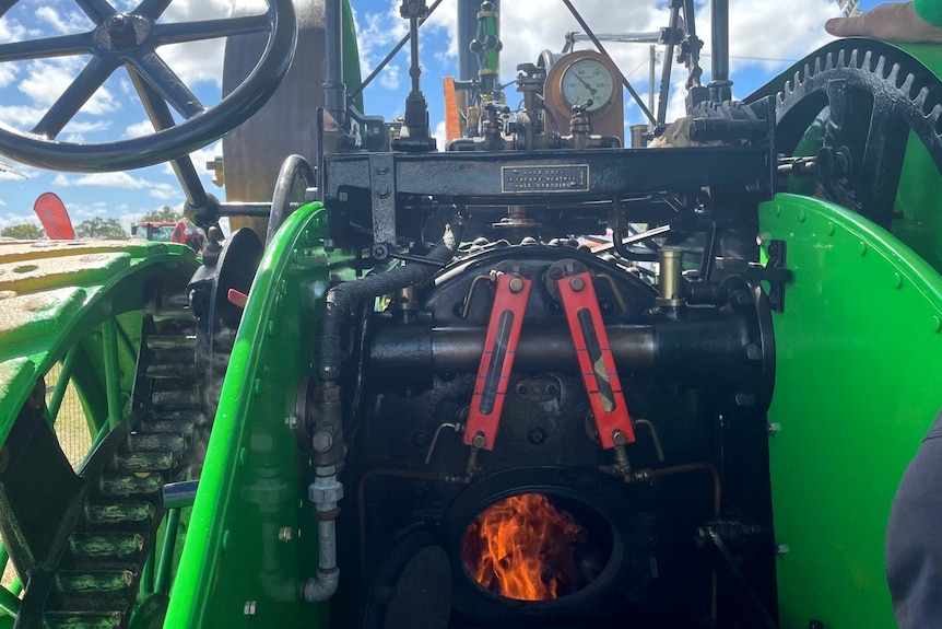 Looking into a open steam powered tractor engine. 