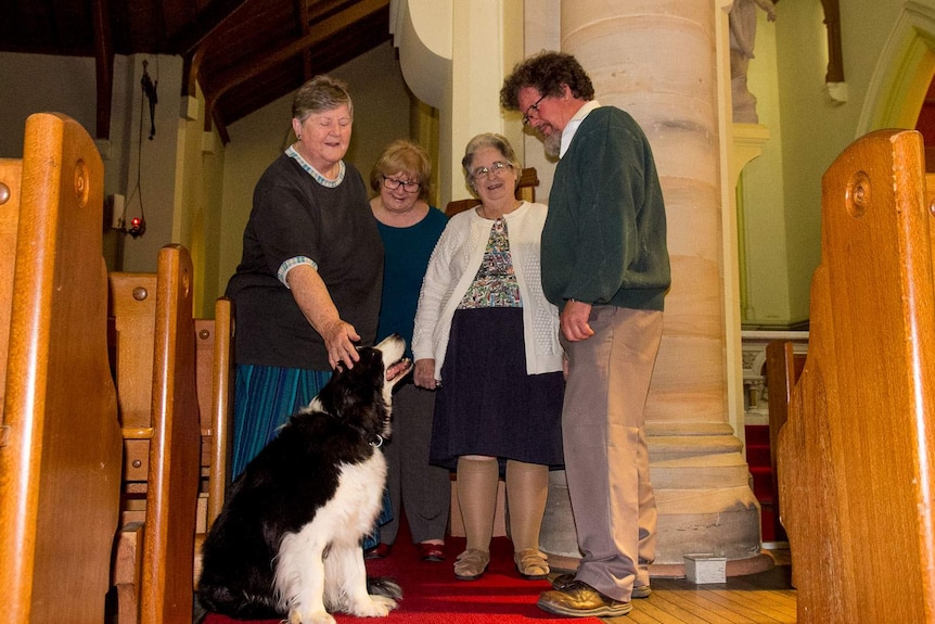 A woman reaches down to pat a border collie watched by two other women and a man in a church