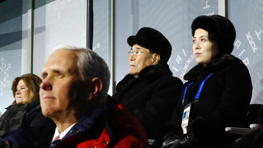 Kim Yo Jong, sister of Kim Jong Un, pictured sitting behind US Vice President Mike Pence