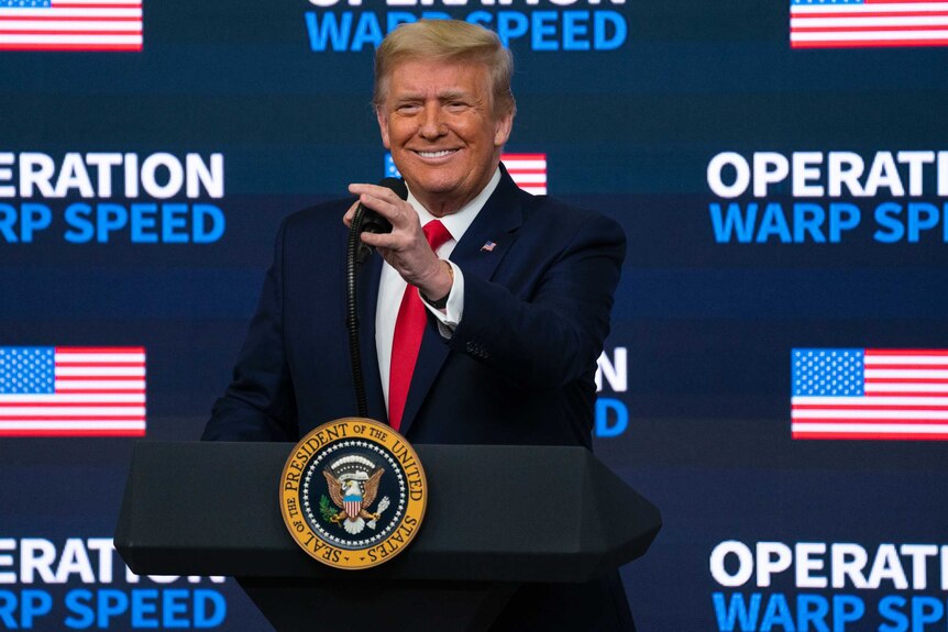 President Donald Trump speaking at a press conference