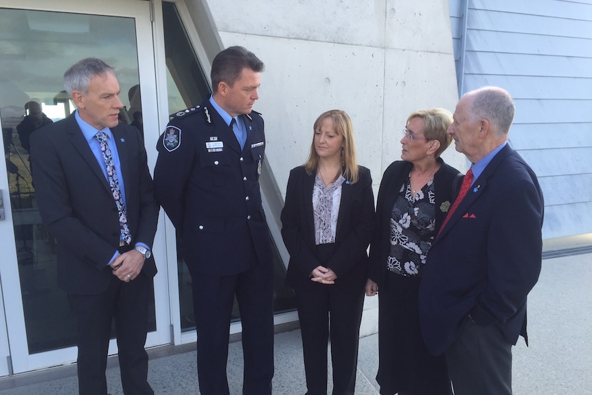 SA victims rights commissioner Michael O'Connell, AFP Commissioner Andrew Colvin, Suzie Ratcliffe and Christine and Greg Gordon