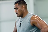 Jordan Mailata sweats at a training camp