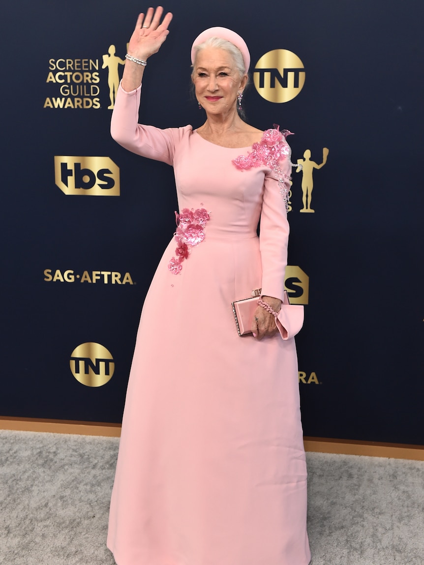 Helen Mirren arrives at the 28th annual Screen Actors Guild Awards at the Barker Hangar on Sunday, Feb. 27, 2022.