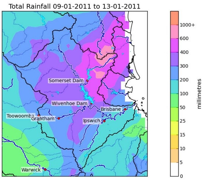 Map of rainfall in the Brisbane and Bremer River catchment indicating falls of over 600mm in the north and 200-300mm elsewhere.