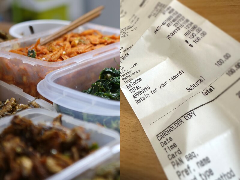 Composite image of food in plastic containers and thermal paper receipt