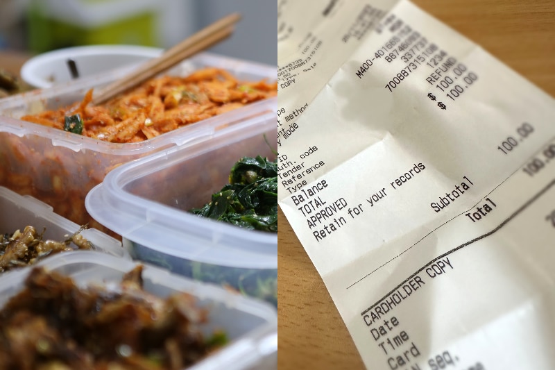Composite image of food in plastic containers and thermal paper receipt