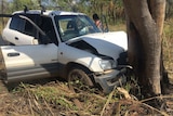 A small white four-wheel-drive smashed into a tree.