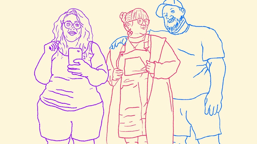 Illustrated drawing of two women and one man who are smiling for a story about how to be an ally to your fat friends