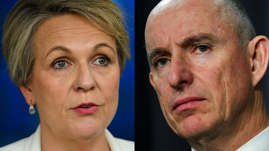 A woman with short blond hair and a bald man looking at each other in a composite image. 
