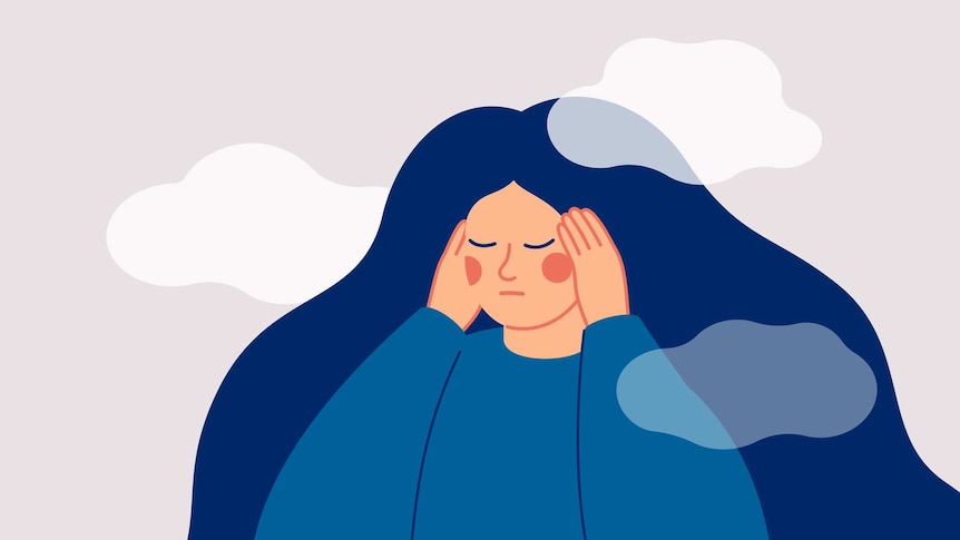 An illustration of a sad woman touching her temples with her hands and surrounded by clouds.