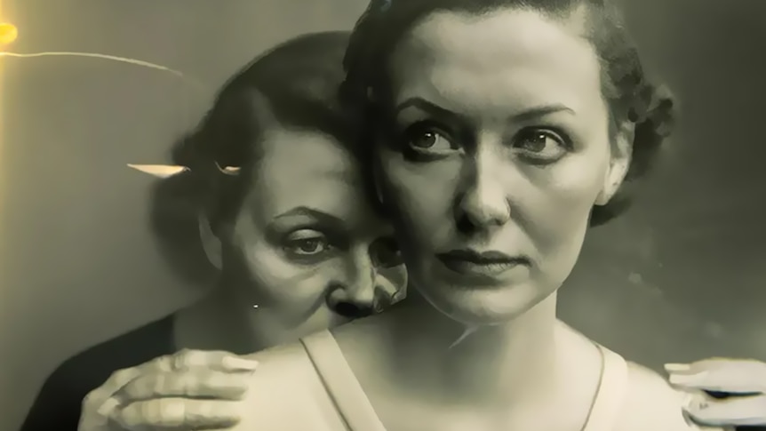 AI creation of two women in a Vintage, soft focus, sepia toned style 