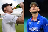 Ben Stokes drinks from a champagne bottle and Alex Hales looks up.
