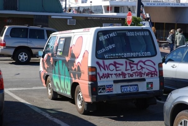 Wicked Camper van with slogan.