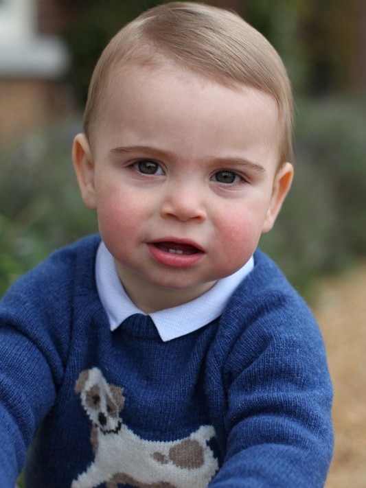 Prince Louis looks into the camera. He wears a collared blue sweater with a puppy knitted on it.