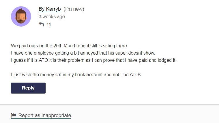 Screenshot of a comment on a tax office forum, where a user reports problems with superannuation payments transferring.