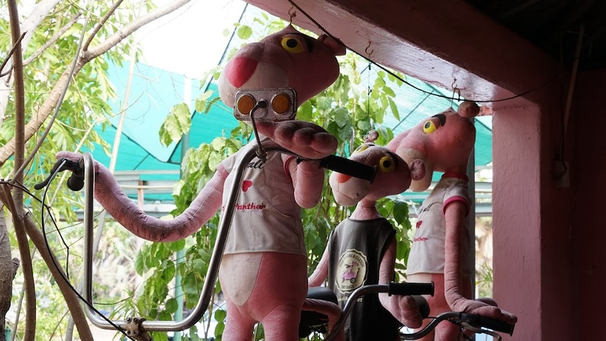 Three stuffed Pink Panther toys are propped up on a bicycle