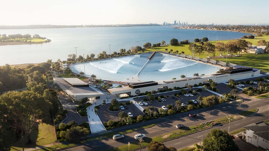 An artist's impression of a wave park, viewed from above, on the Swan River in Perth.