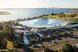 An artist's impression of a wave park, viewed from above, on the Swan River in Perth.