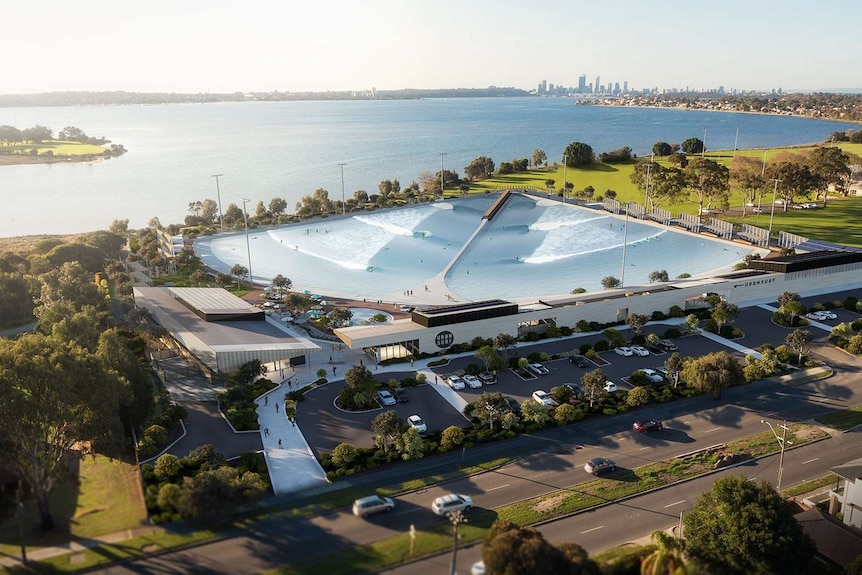 An artist's impression of a wave park, viewed from above, on the Swan River in Perth.