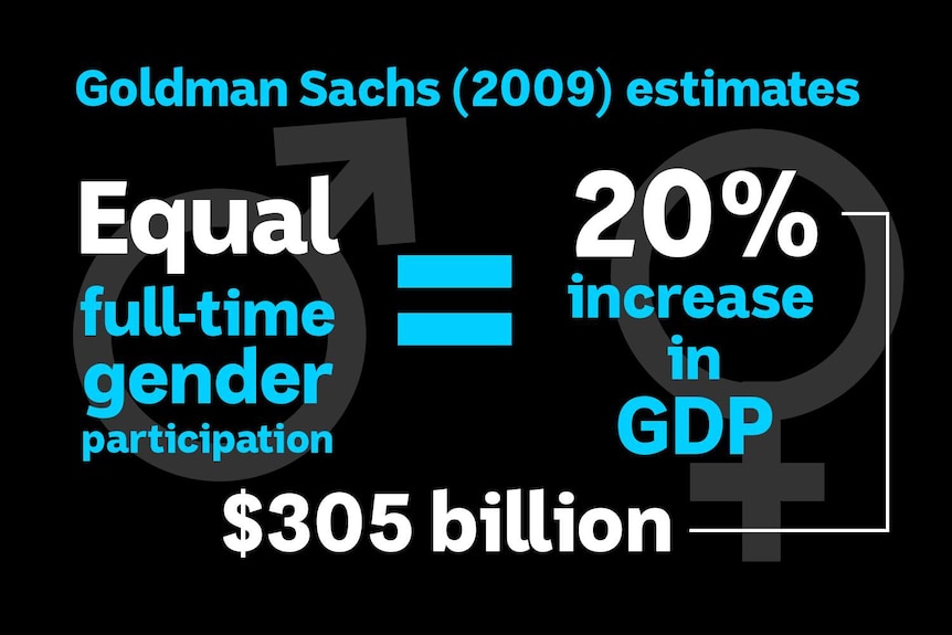 Goldman Sachs estimated in 2009 that equal workforce participation for women would add 20 per cent to GDP.