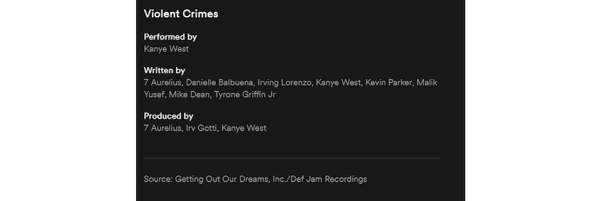 A list of credits for Kanye West's 'Violent Crimes' from his 2018 album ye