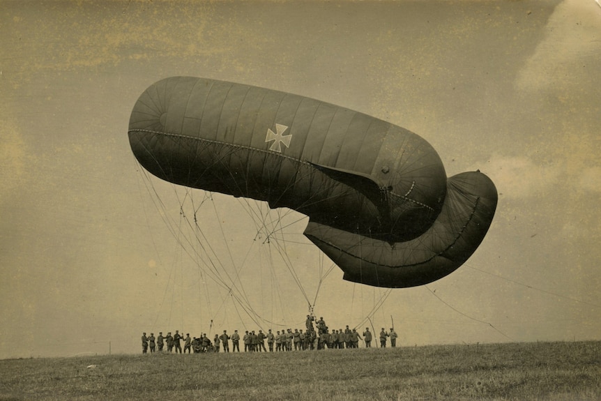 A WWI German observation balloon shaped like a sausage. 