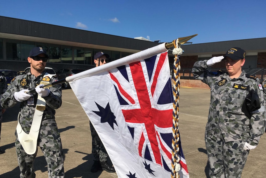 The colour party training with the HMAS Albatross catafalque party in preparation for Anzac Day