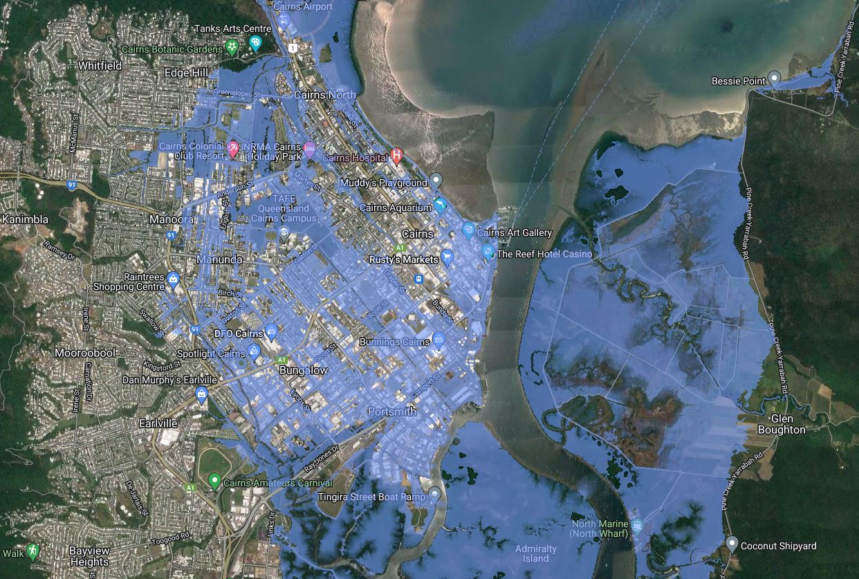 A satellite map of Cairns, with large parts of the city shaded in light blue, to represent sea level rises.