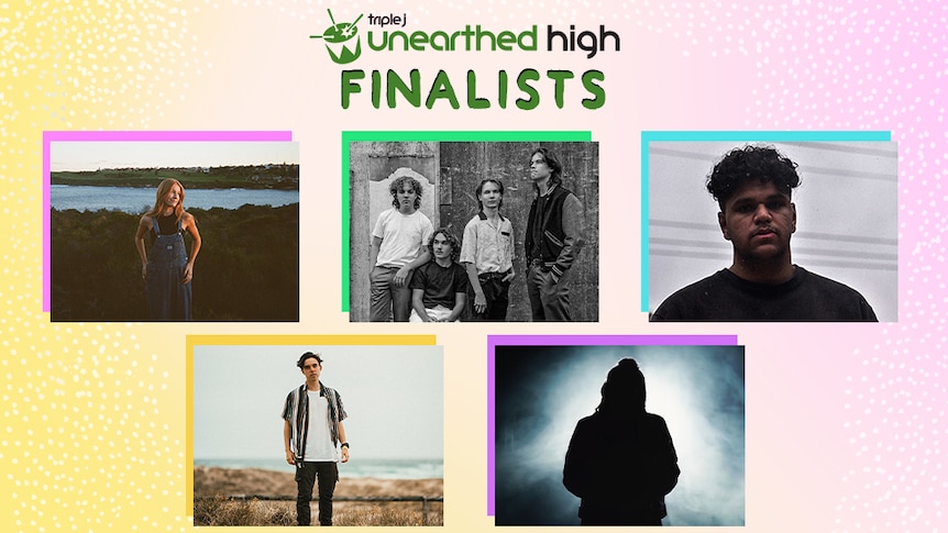 The five finalists for Unearthed High embedded in colourful squares atop an orange and pink gradient background.