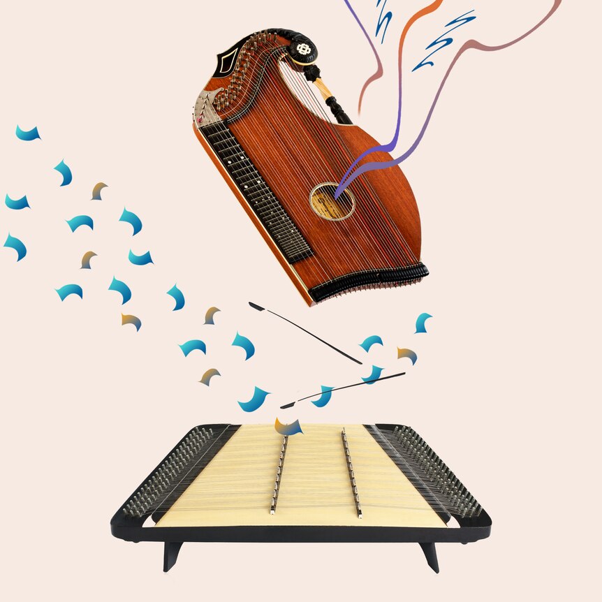 A hammer dulcimer and an autoharp on a beige background, with colourful flourishes suggesting energy and motion. 