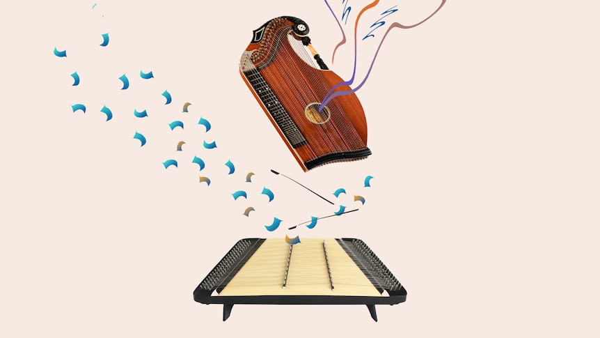 A hammer dulcimer and an autoharp on a beige background, with colourful flourishes suggesting energy and motion. 