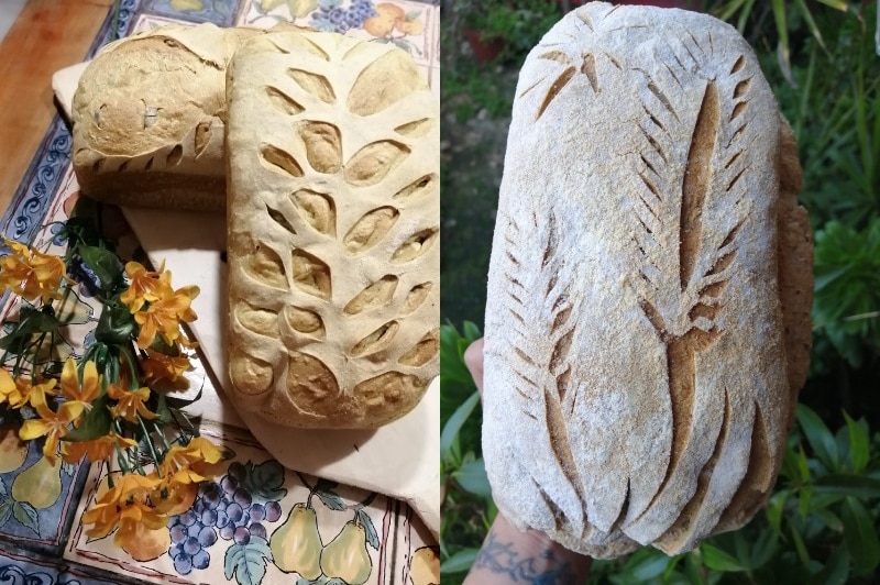 Composite image of two homemade loaves of bread.
