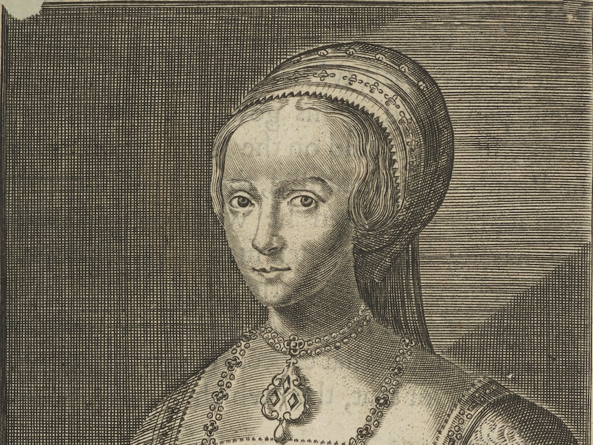 A portrait of Lady Jane Grey wearing jewels and a black dress.
