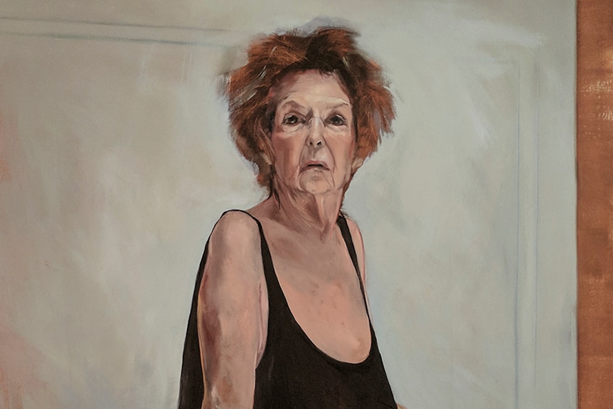 Painted portrait of an older woman standing looking intensely at the viewer