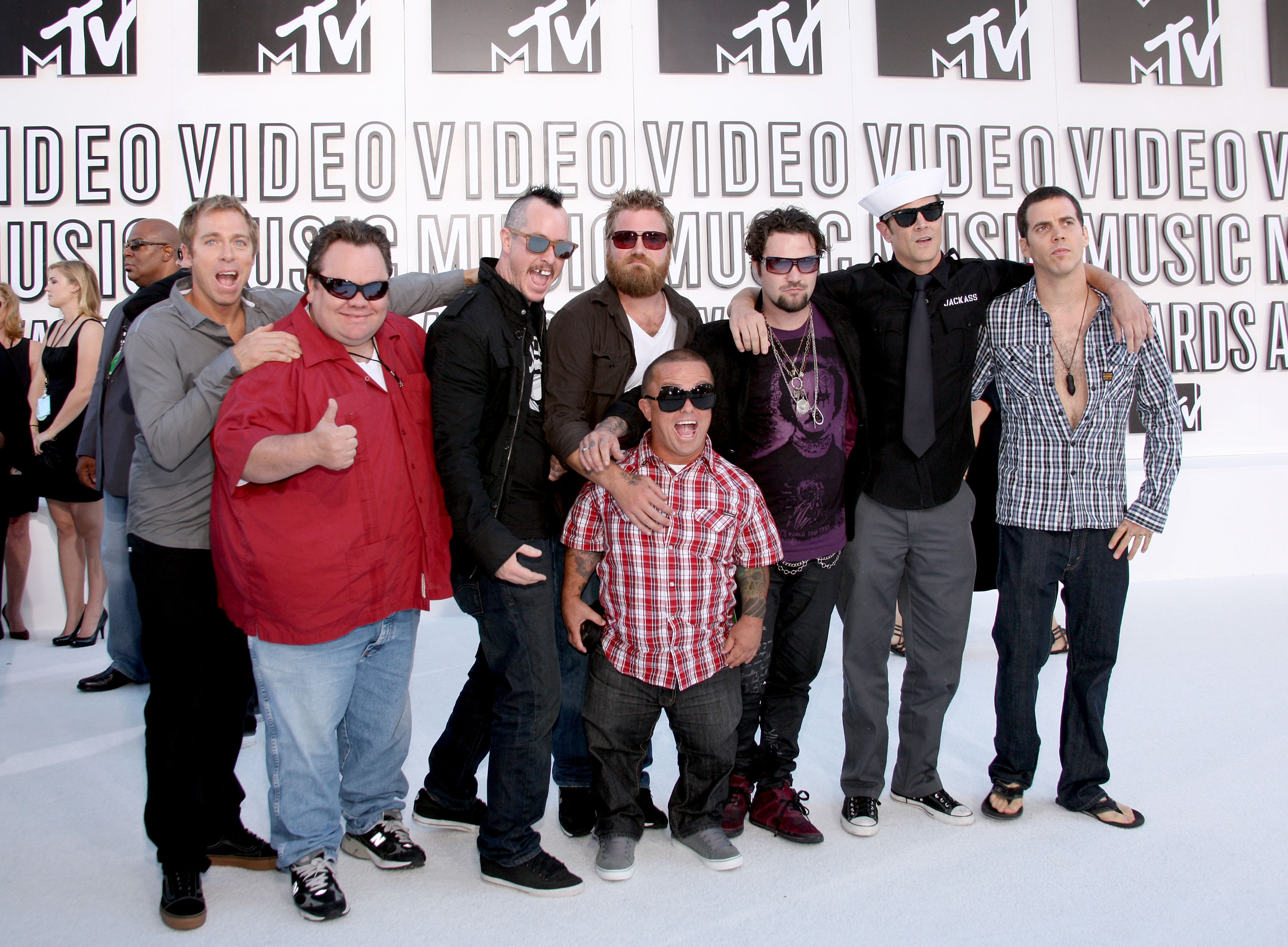 The Jackass cast, including Ryan Dunn (centre), at the 2010 MTV Video Music Awards, nine months before Dunn's death.