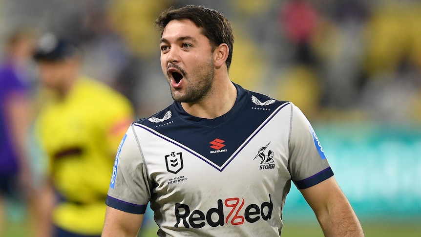 Melbourne Storm player Brandon Smith talking during an NRL match