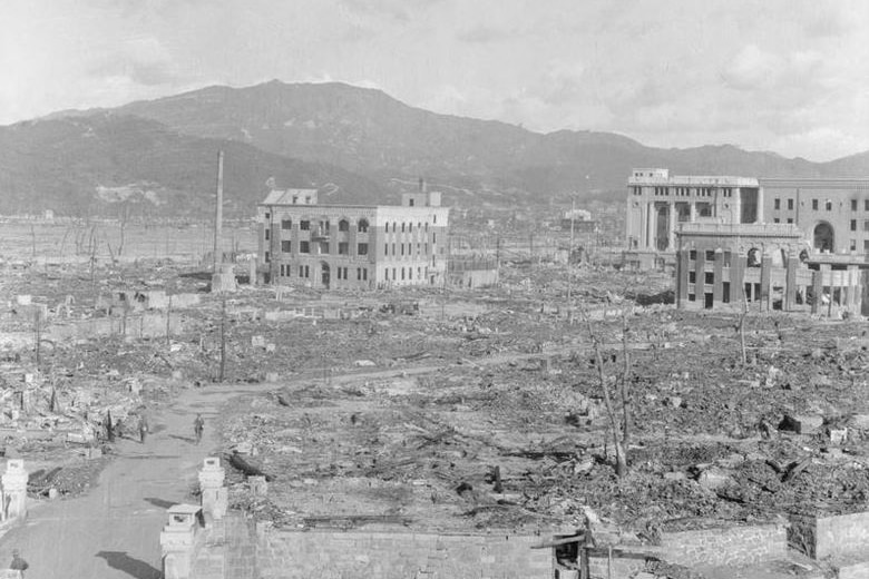 An old black and white photo of the damage to Hiroshima after the bomb was dropped