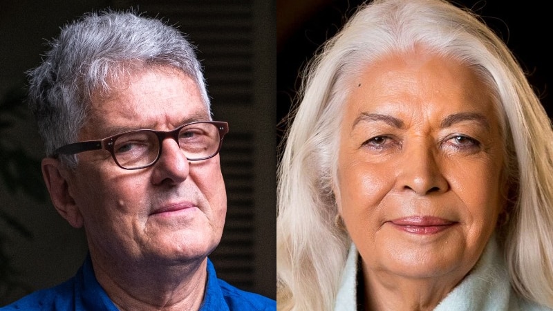You view a composite image of closeup headshots of David Marr and Marcia Langton. 