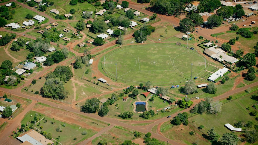 an aerial shot of a football oval